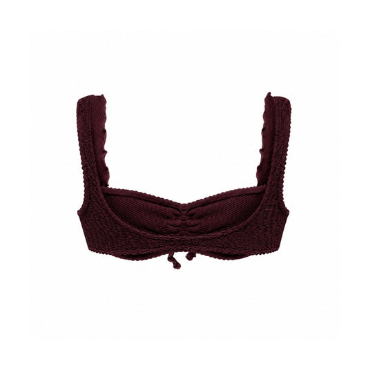 Bikini top with ruffle trim, dark brown, wide underband.