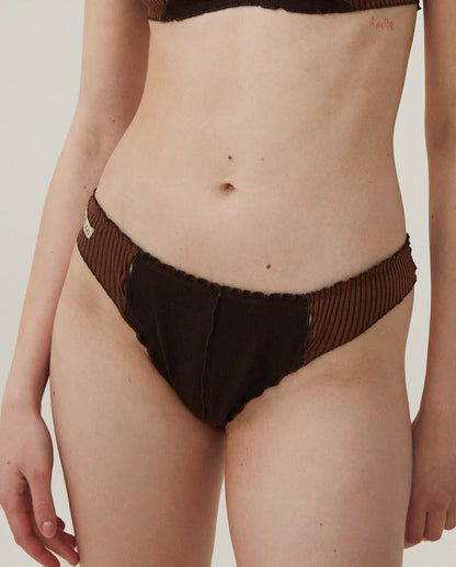 Ribbed brown thong underwear with V-cut front and elastic waistband