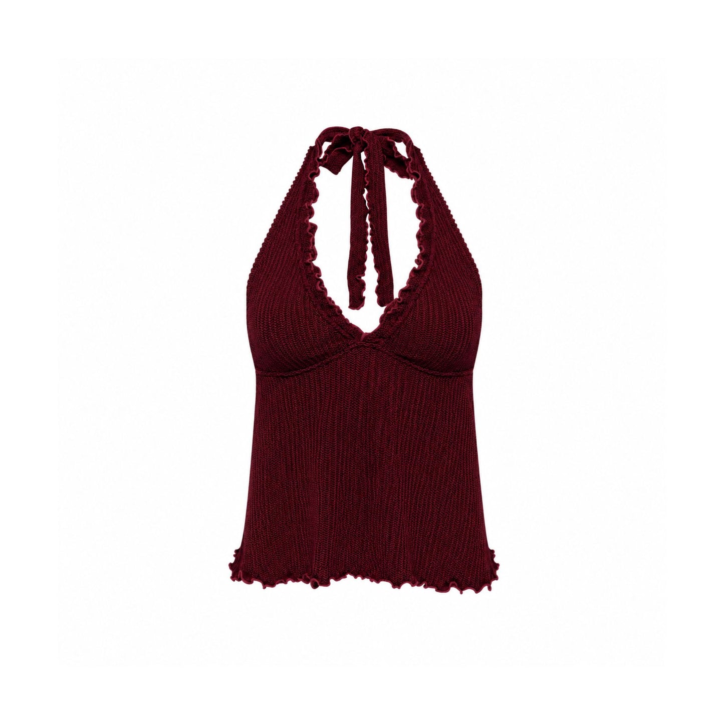 Burgundy tankini top with tie-front halter and ruffled hem