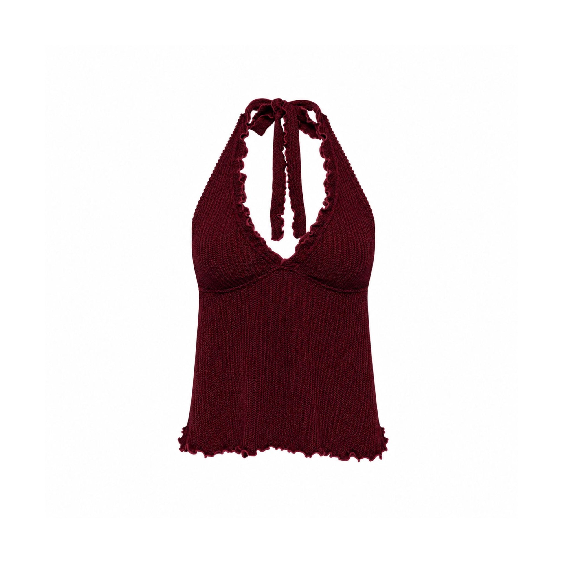 Burgundy tankini top with tie-front halter and ruffled hem