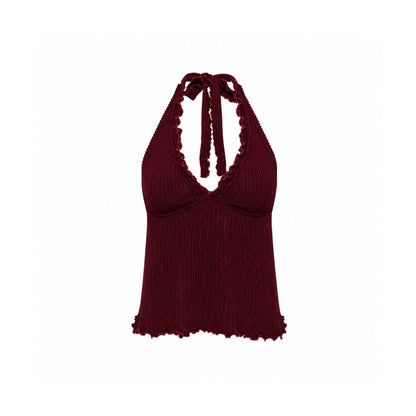 Burgundy tankini top with tie-front halter and ruffled hem