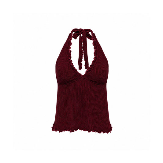 Burgundy tankini top with tie-front halter and ruffled hem