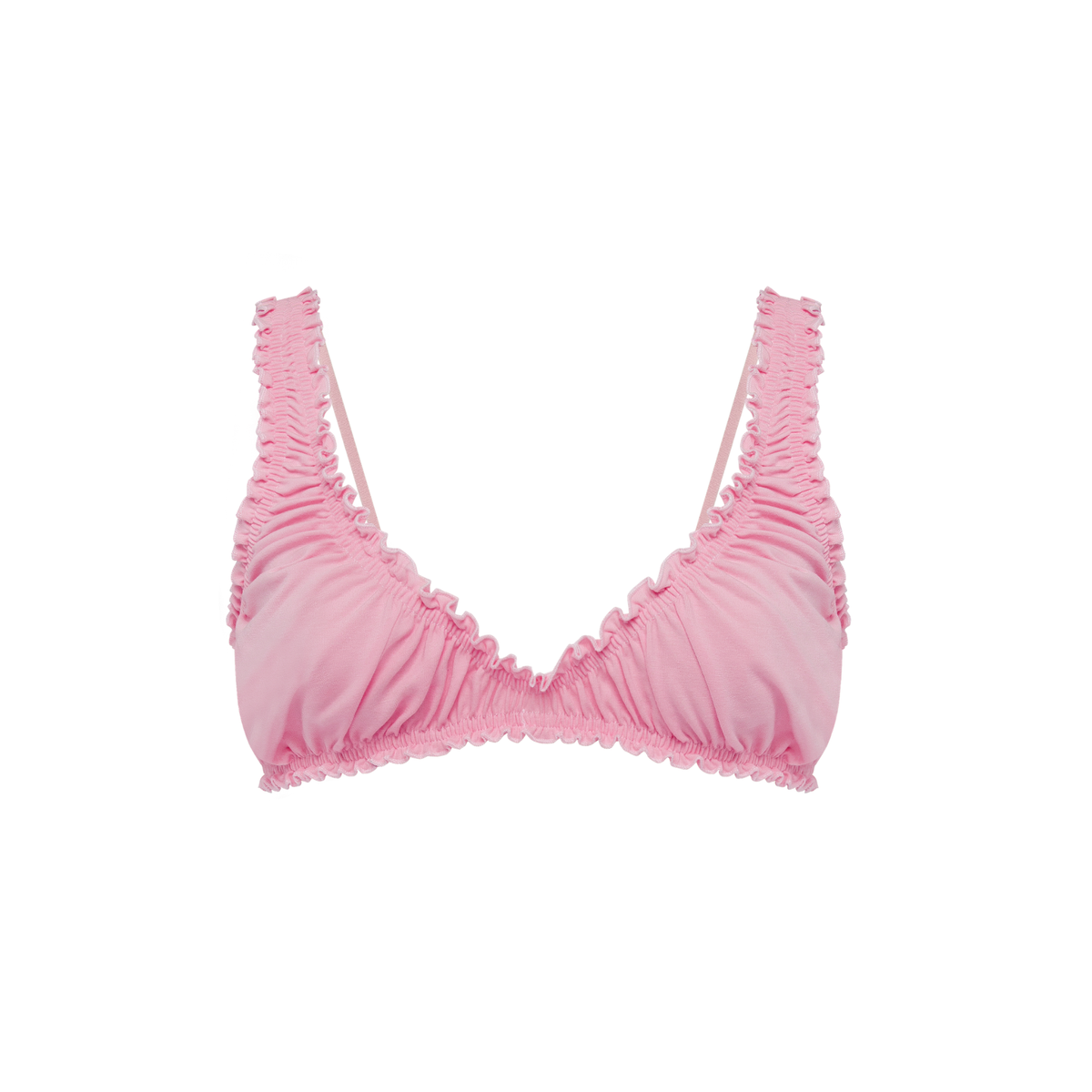 Pink ruched bralette top with V neckline and gathered trim