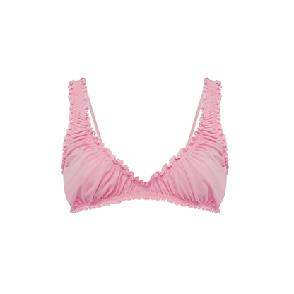 Pink ruched bralette top with V neckline and gathered trim