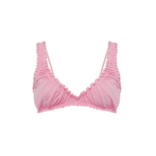 Pink ruched bralette top with V neckline and gathered trim