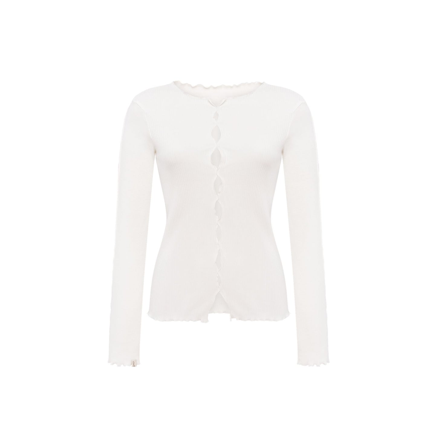 White long-sleeve ribbed top with center button placket and draped scalloped hem