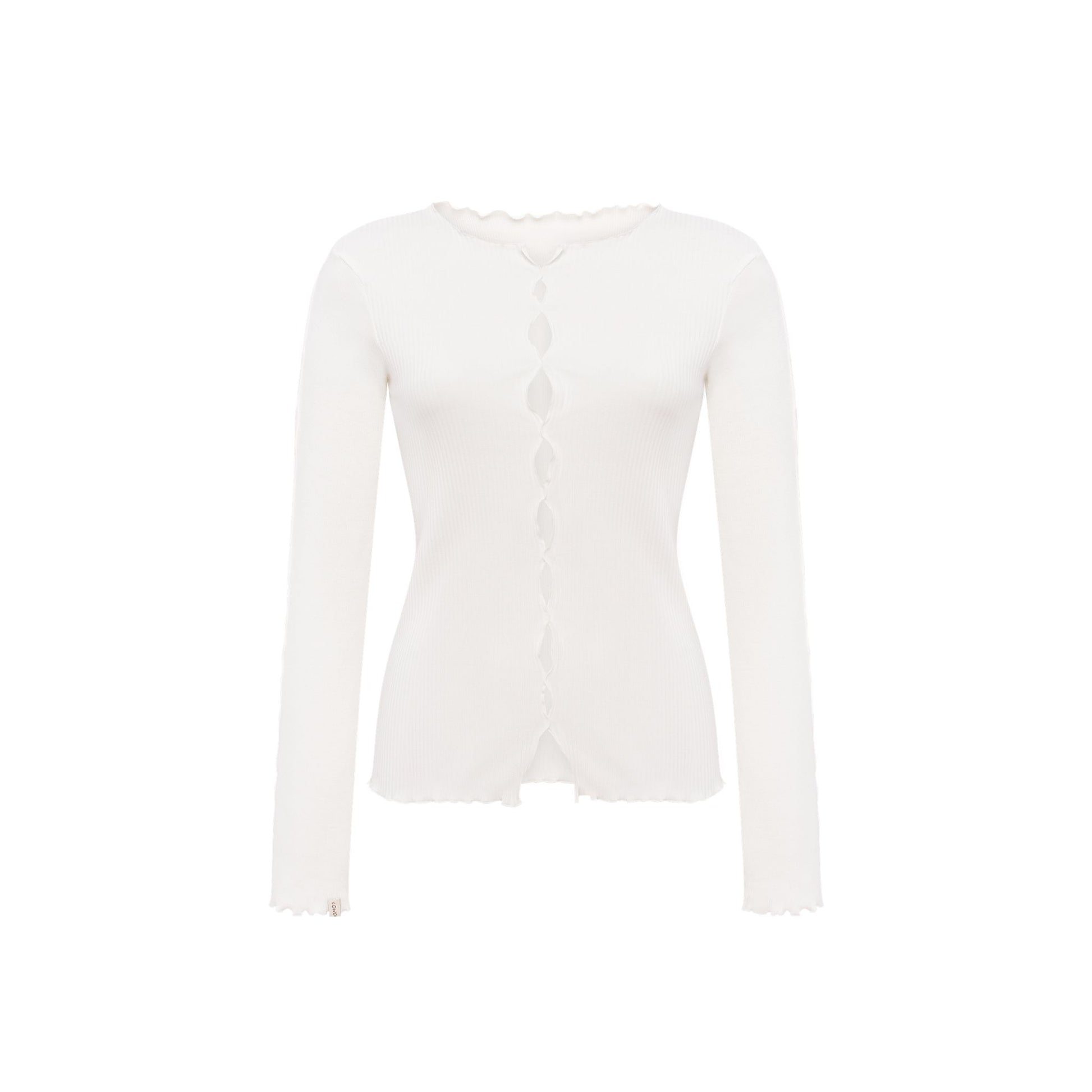 White long-sleeve ribbed top with center button placket and draped scalloped hem