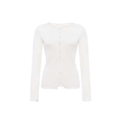 White long-sleeve ribbed top with center button placket and draped scalloped hem