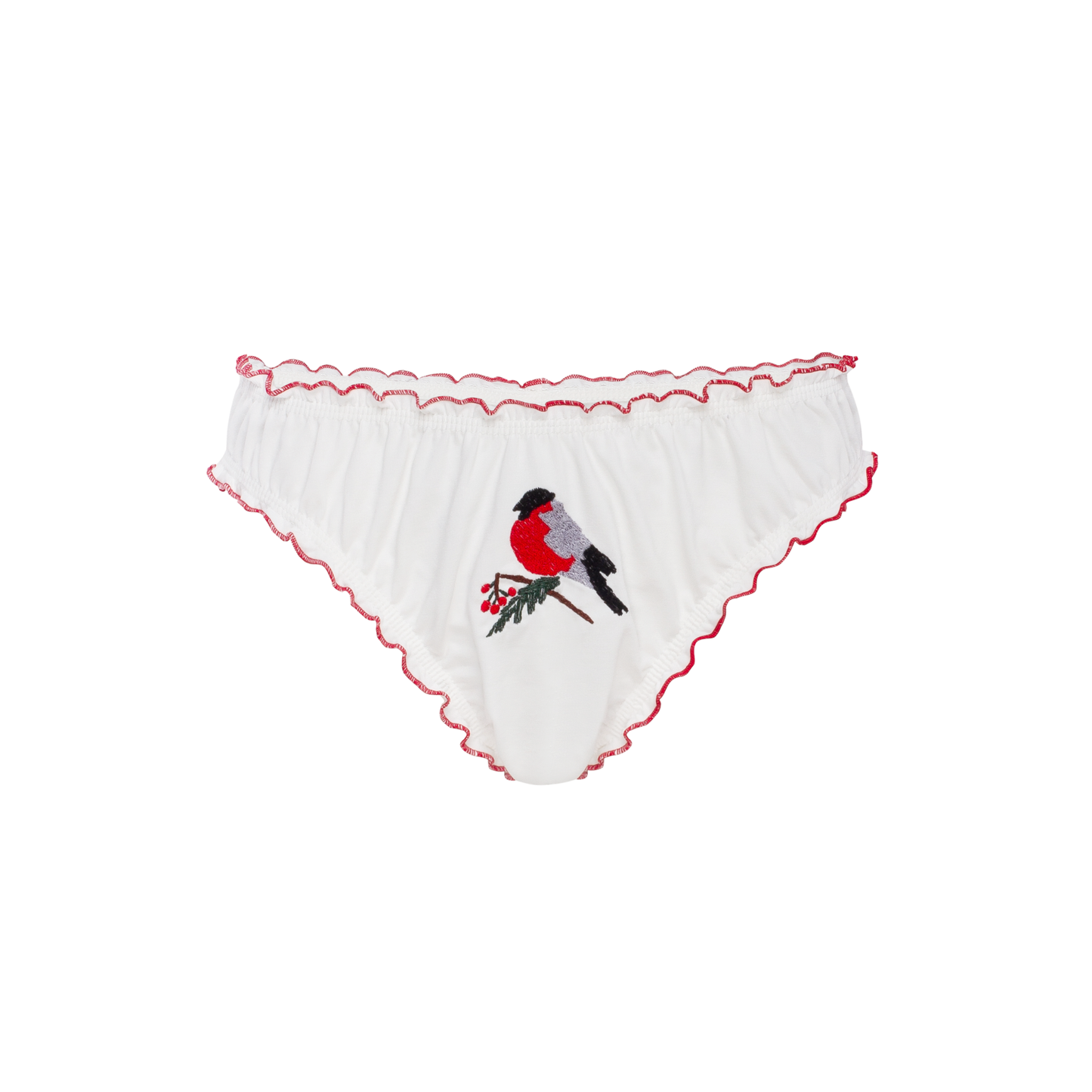 White tanga panties with red scalloped trim and bird embroidery at center front