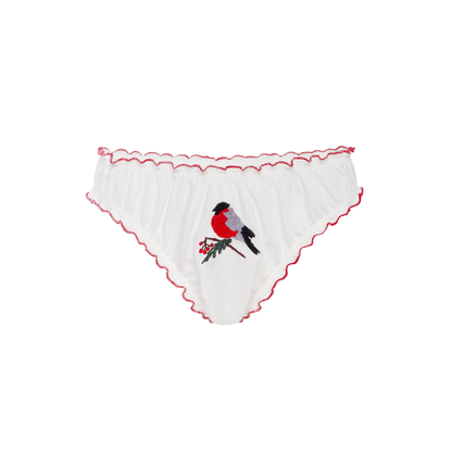 White tanga panties with red scalloped trim and bird embroidery at center front