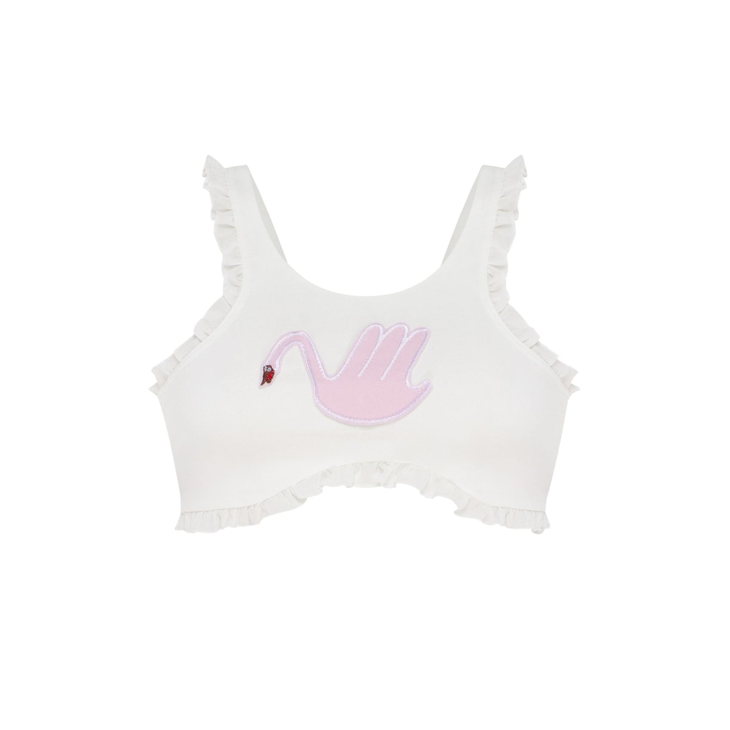 White ruffle-trim tank top with pink swan applique, scoop neckline and cropped fit