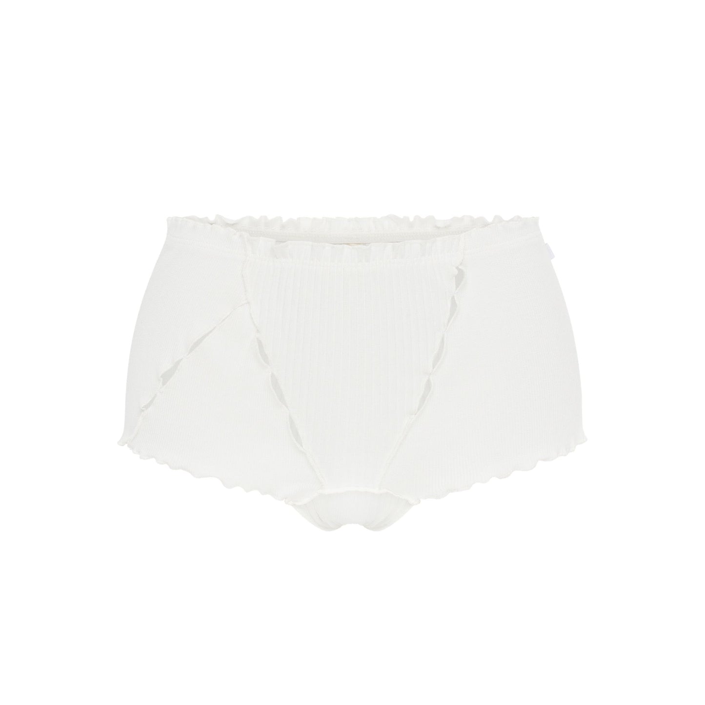 White ribbed boyshorts with scalloped edges and front cutout detail