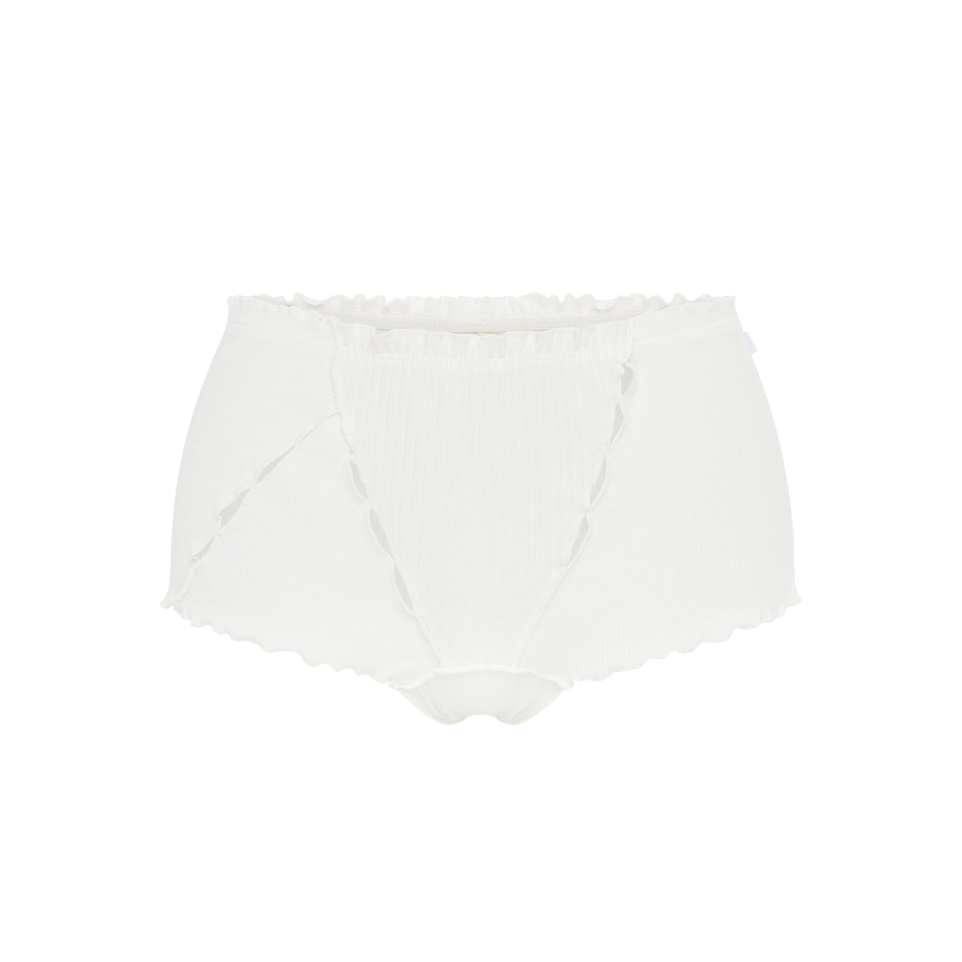 White ribbed boyshorts with scalloped edges and front cutout detail
