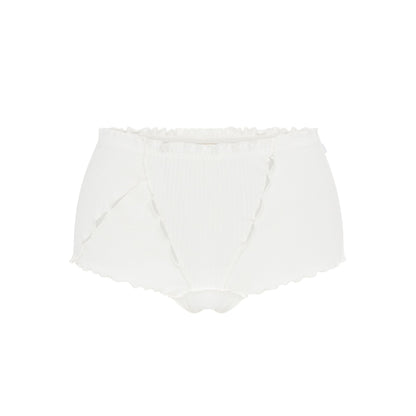 White ribbed boyshorts with scalloped edges and front cutout detail