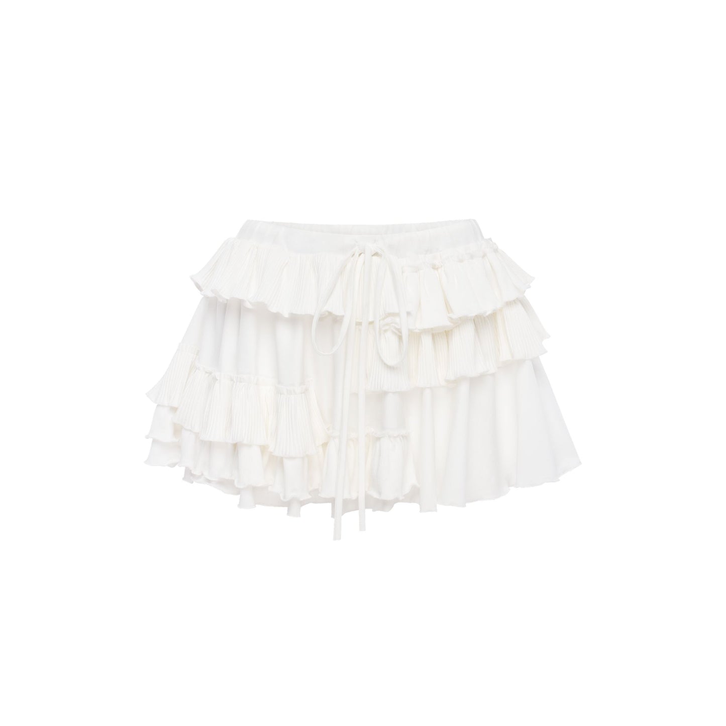 White ruffled skort with layered tiers and drawstring waist