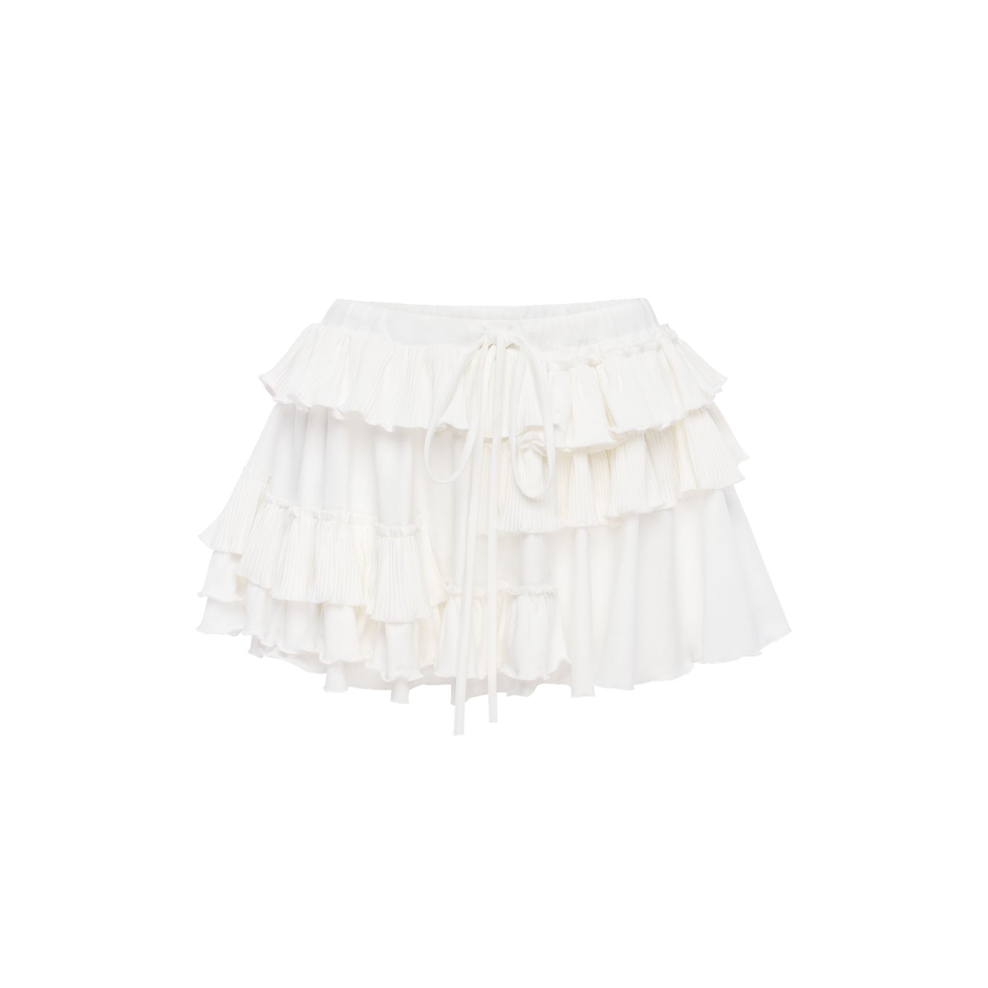 White ruffled skort with layered tiers and drawstring waist