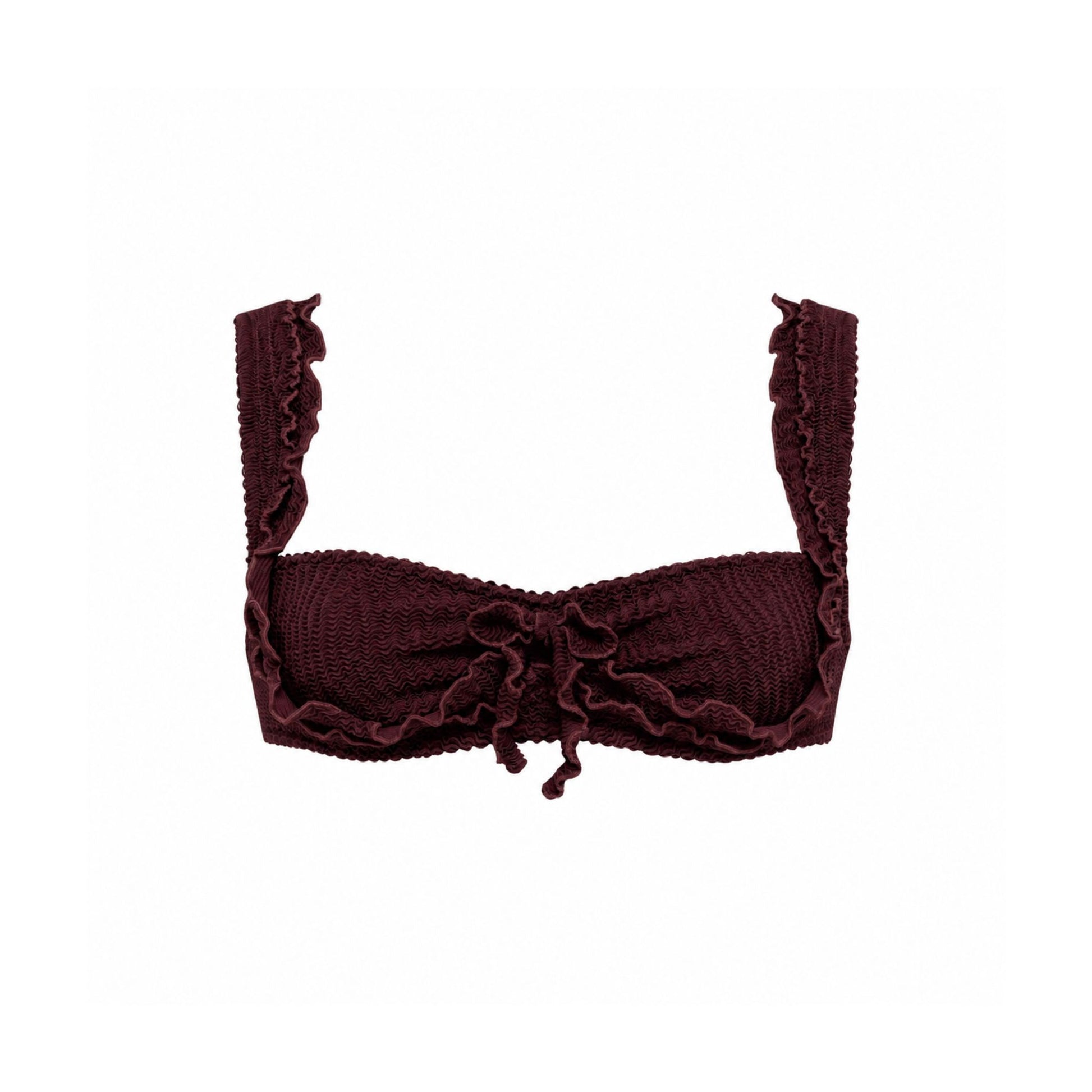 Bikini top with ruffle trim and center tie, dark brown.