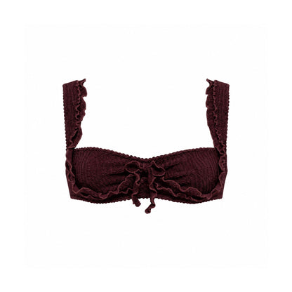 Bikini top with ruffle trim and center tie, dark brown.