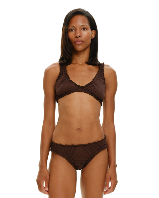 Brown ruched bralette top with ruffled edge and scalloped V neckline