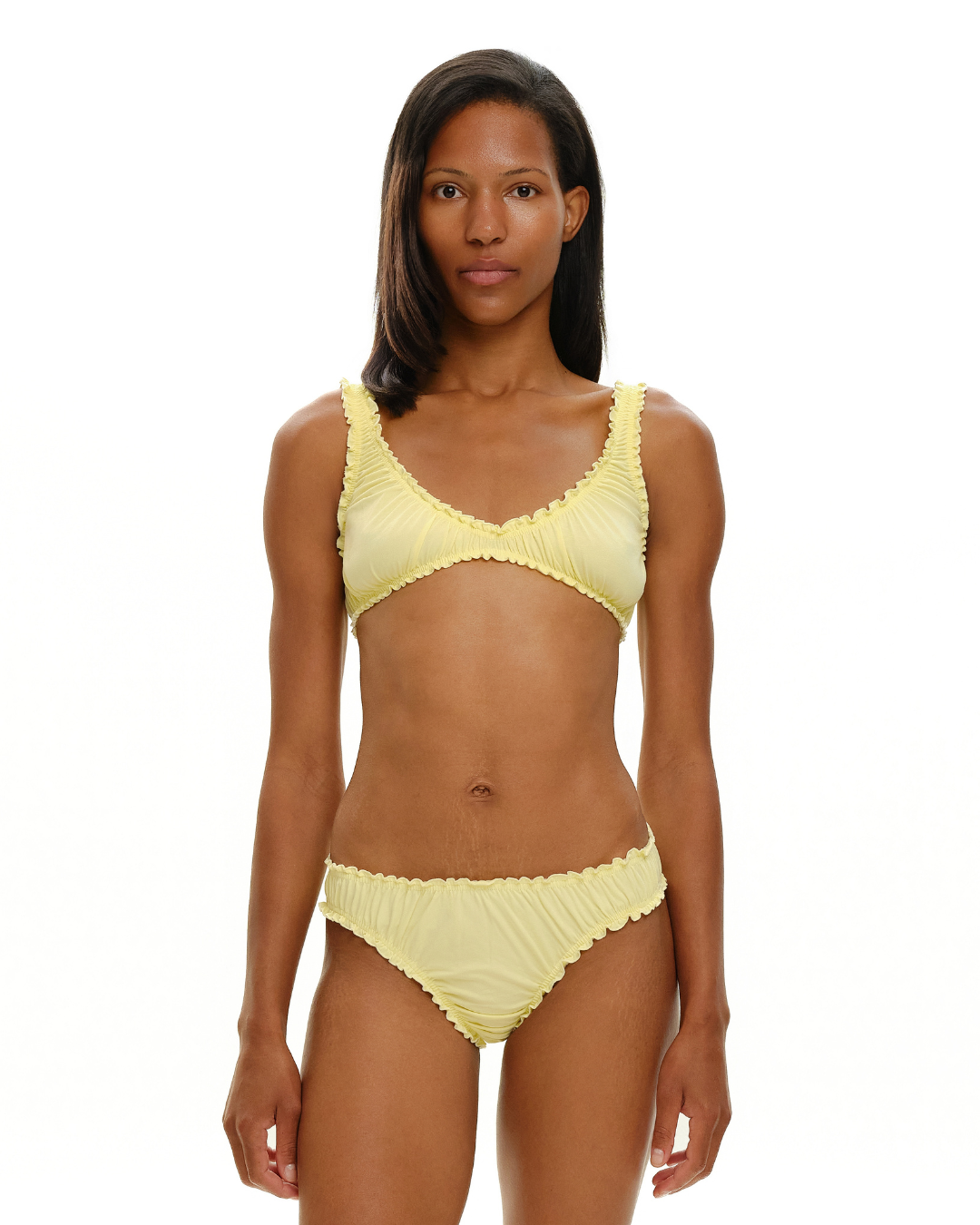 Yellow ruched bralette with scalloped ruffle neckline and thin adjustable straps