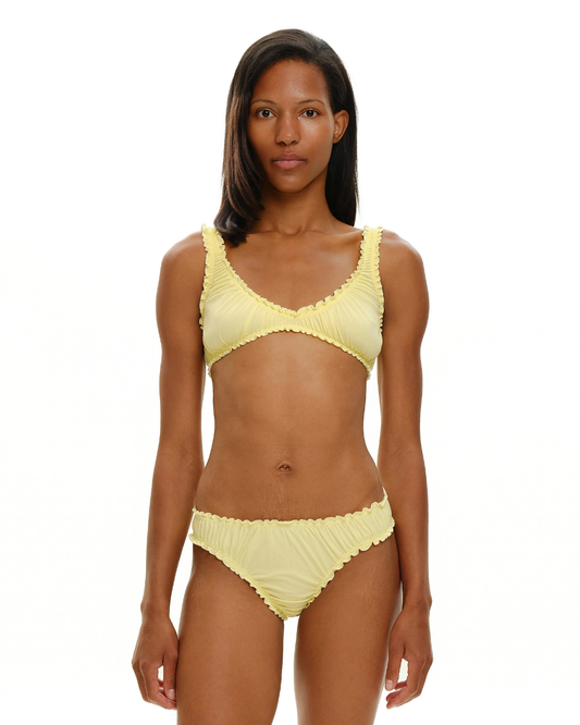 Yellow ruched bralette with scalloped ruffle neckline and thin adjustable straps
