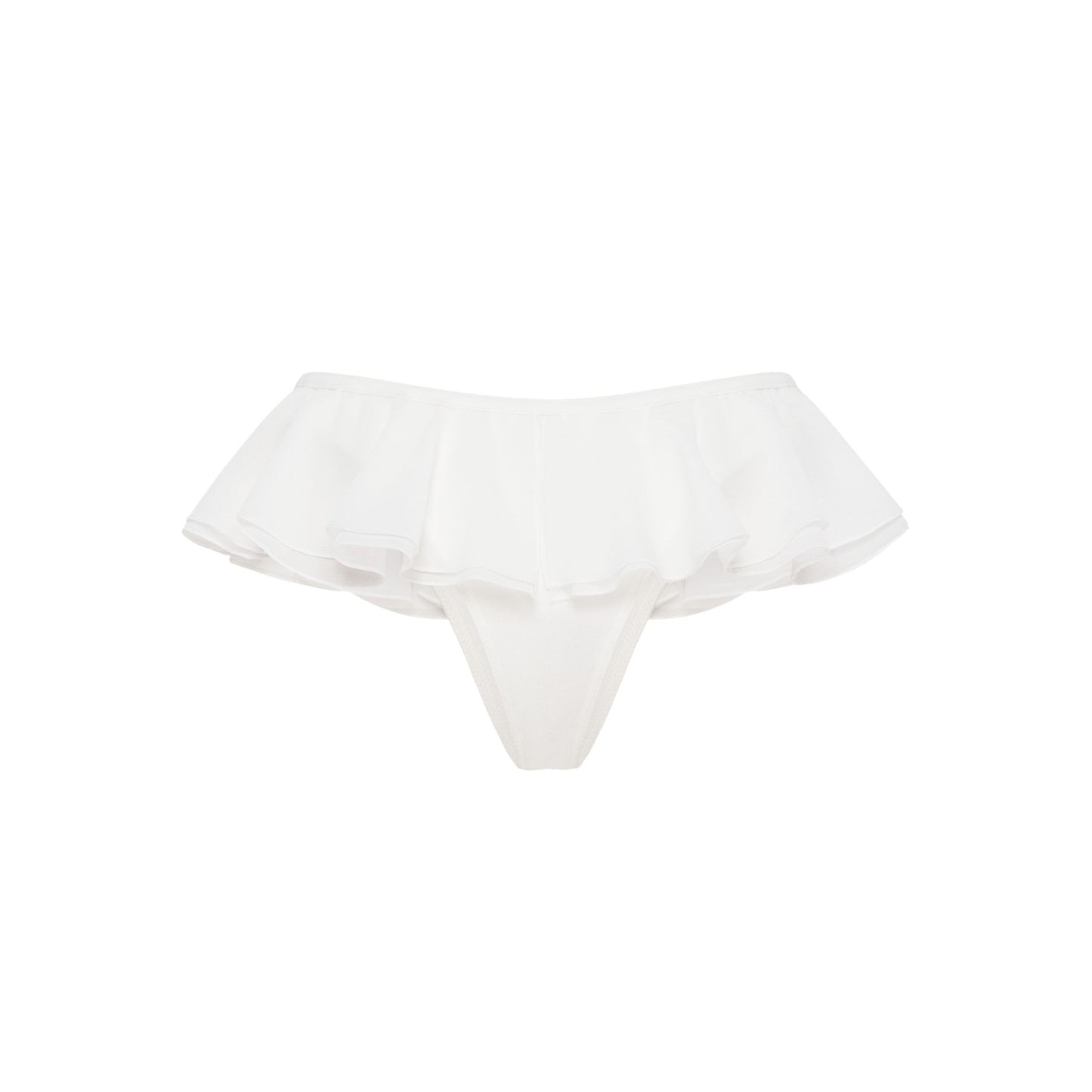 White frilled tanga panties with layered ruffle waistband, back view.