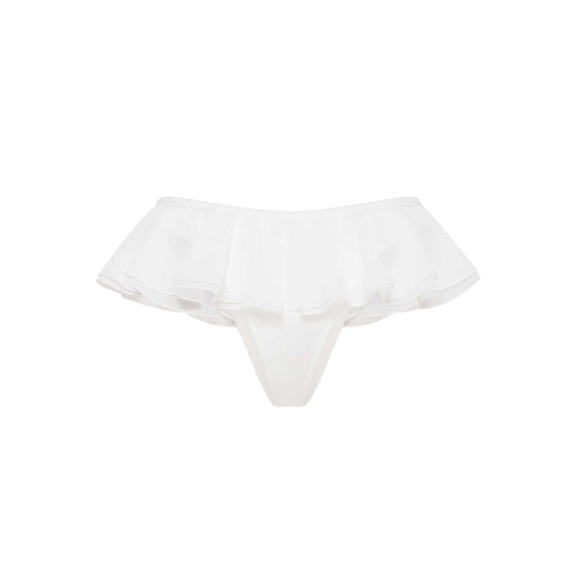 White frilled tanga panties with layered ruffle waistband, back view.