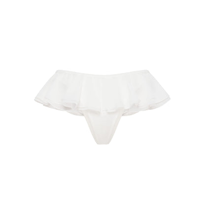 White frilled tanga panties with layered ruffle waistband, back view.
