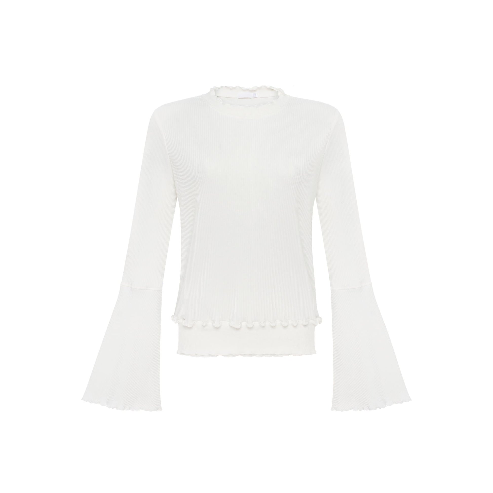 Wavy long-sleeve top in white ribbed knit, ruffled neckline and scalloped hem