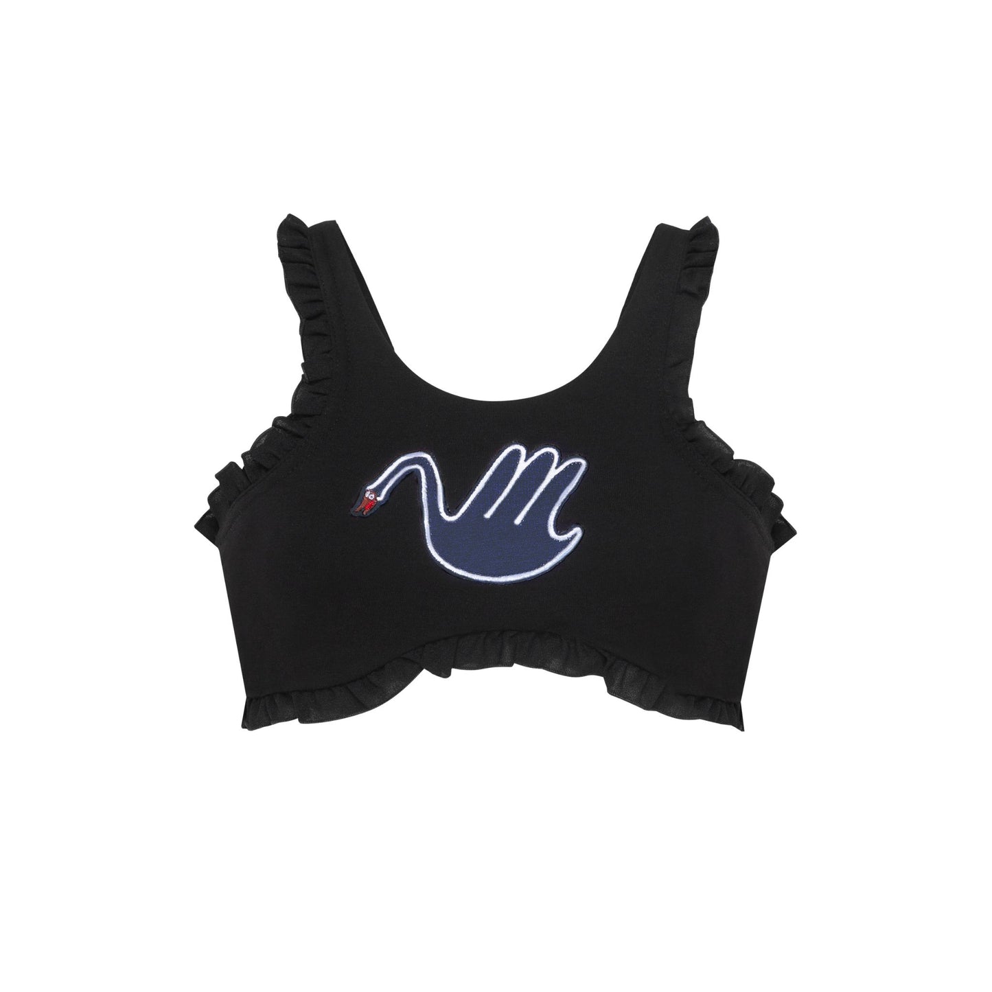 Black ruffled crop top with swan logo embroidery