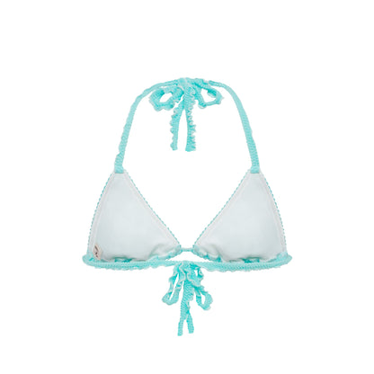 Mint triangle bikini top with scalloped trim and tie at center