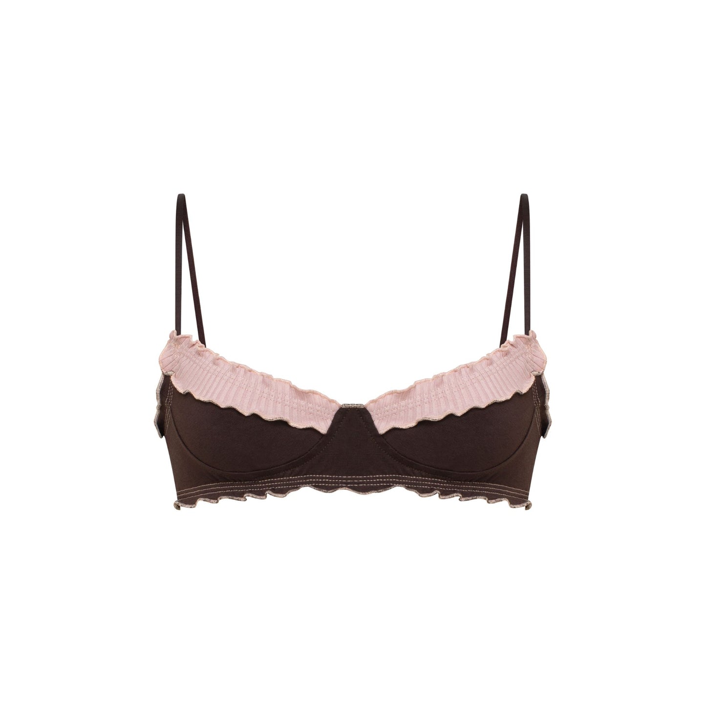 Brown wavy bralette with pink ruffled trim and adjustable spaghetti straps
