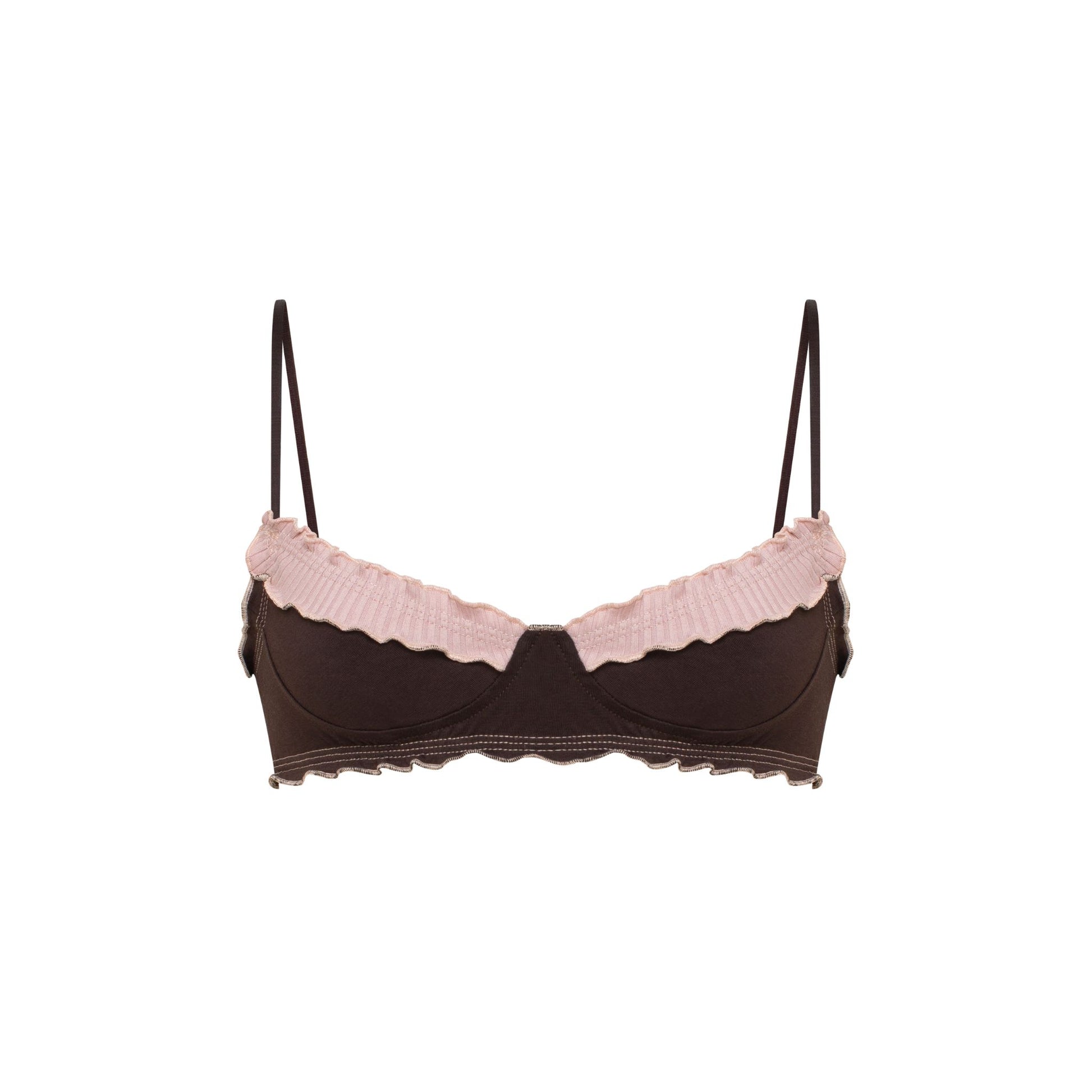 Brown wavy bralette with pink ruffled trim and adjustable spaghetti straps