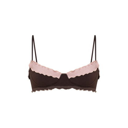 Brown wavy bralette with pink ruffled trim and adjustable spaghetti straps