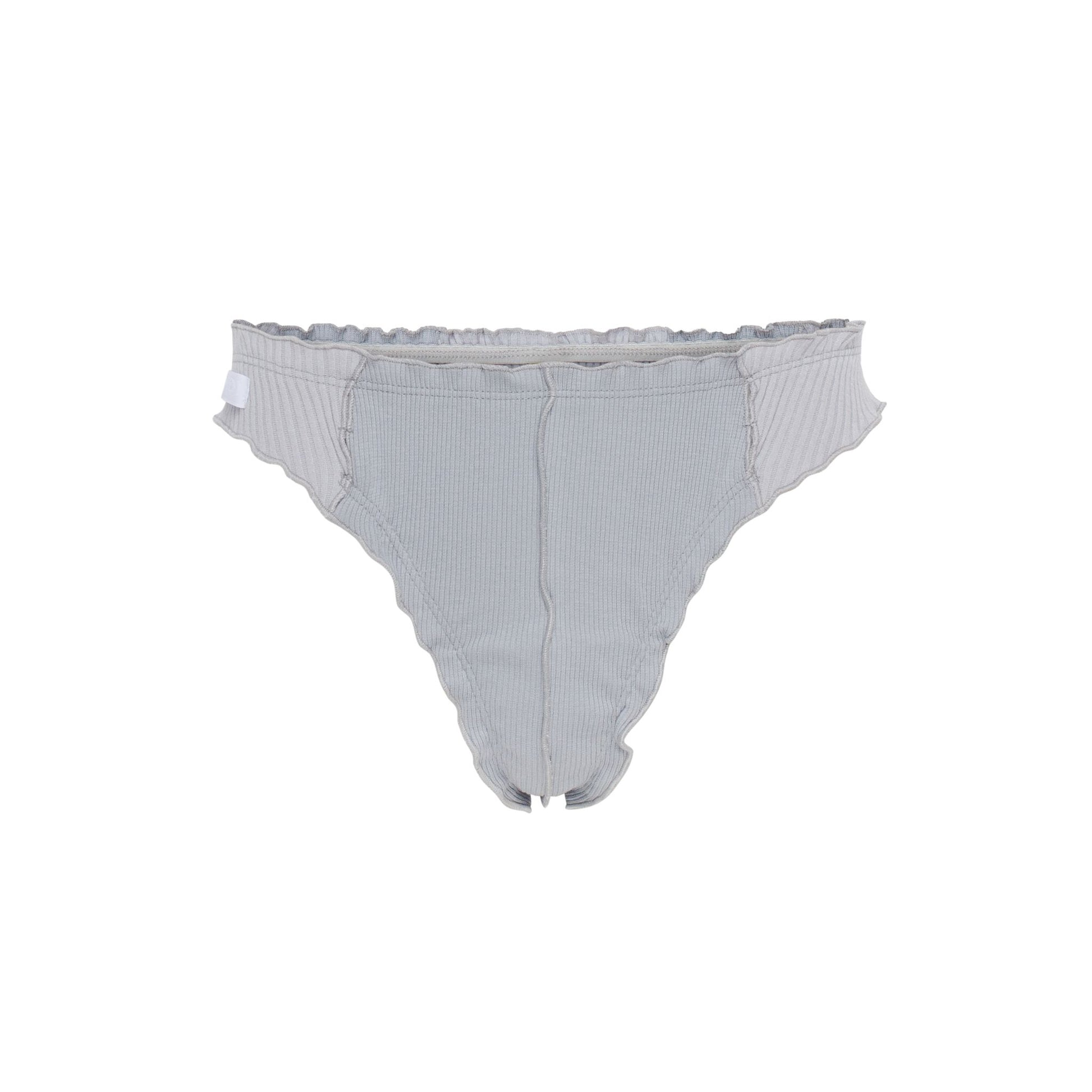 Blue ribbed thong with scalloped edge and narrow back