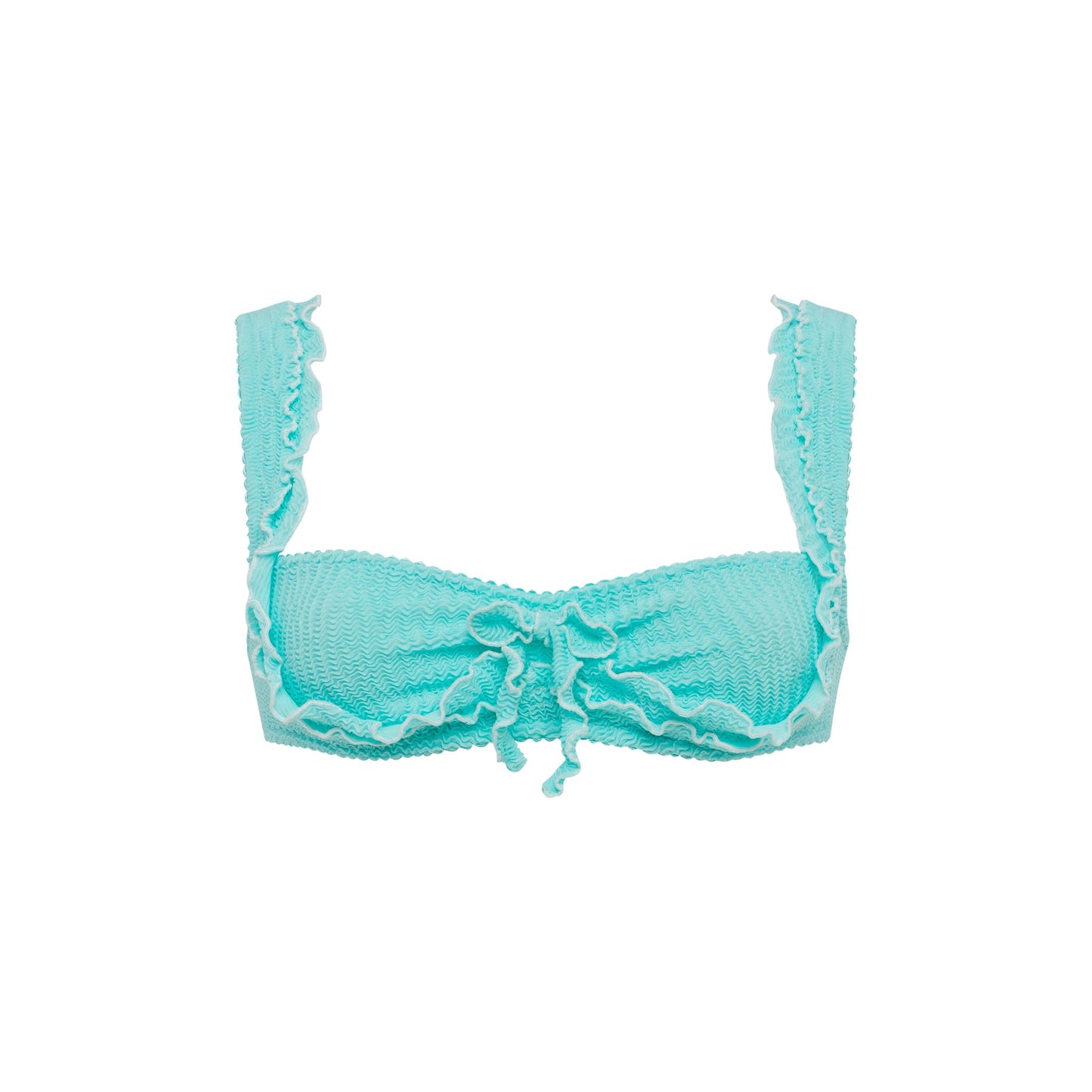 Mint ruffle bikini top with textured cups and tie-front detail