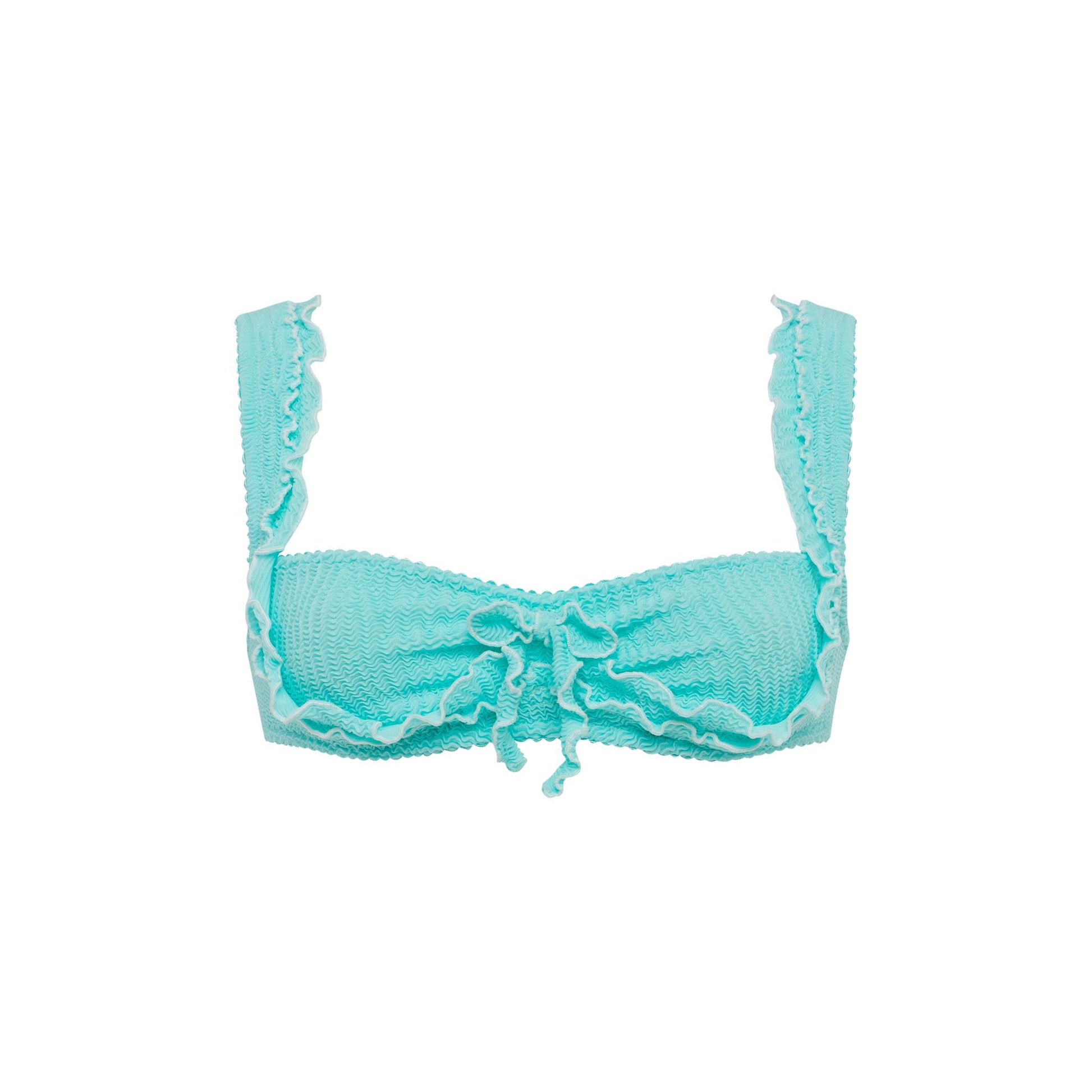 Mint ruffle bikini top with textured cups and tie-front detail