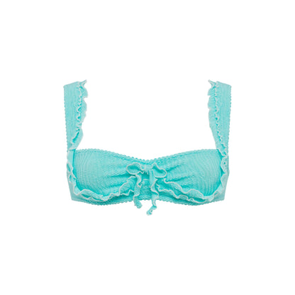 Mint ruffle bikini top with textured cups and tie-front detail