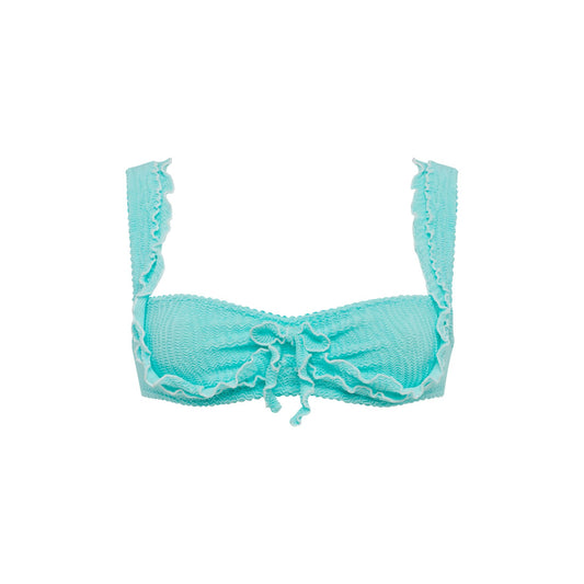 Mint ruffle bikini top with textured cups and tie-front detail