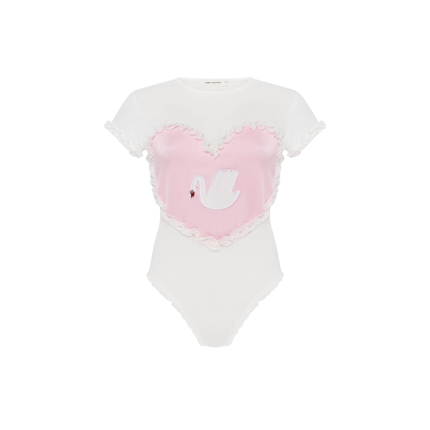 White ribbed bodysuit with short sleeves, pink heart patch and swan print