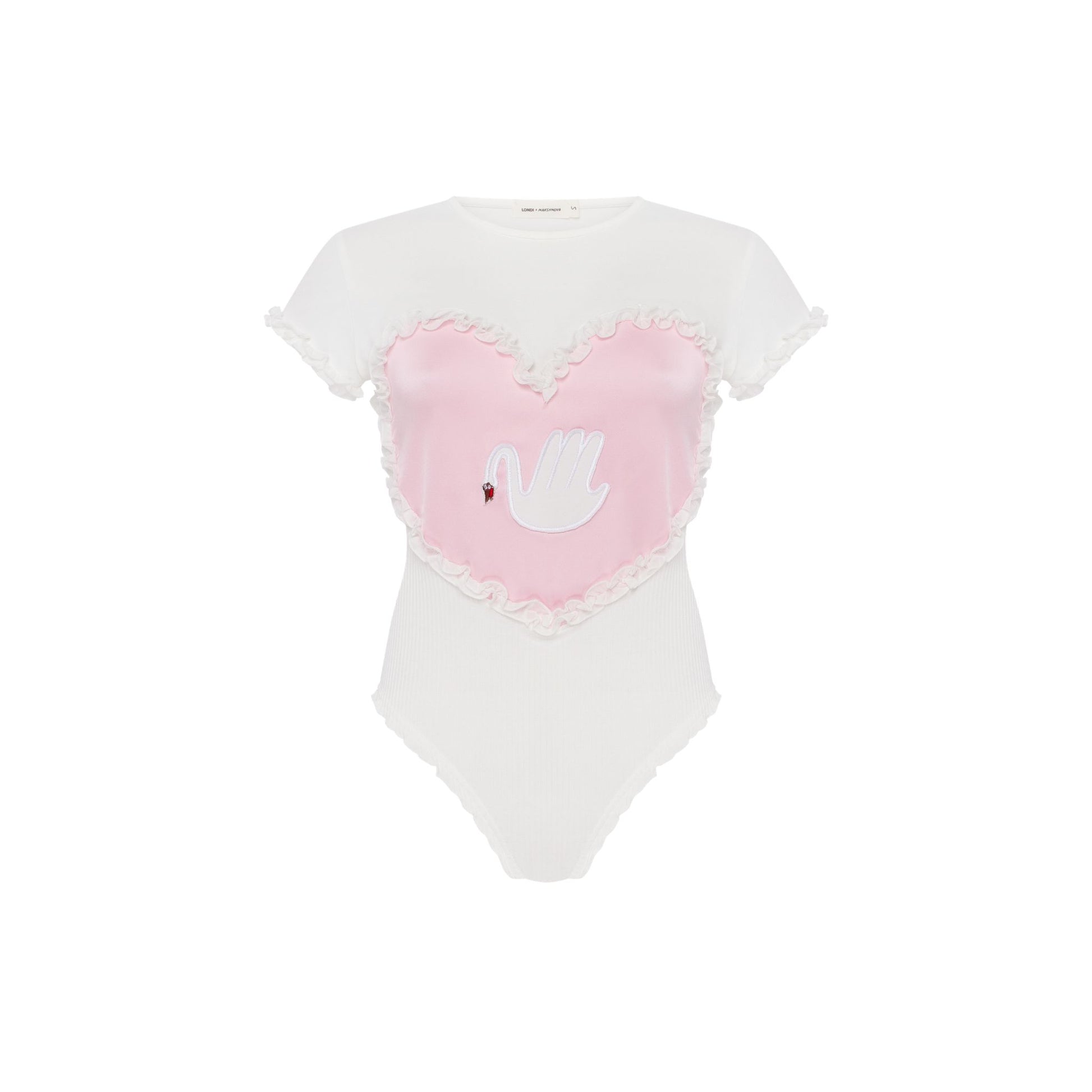 White ribbed bodysuit with short sleeves, pink heart patch and swan print
