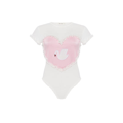 White ribbed bodysuit with short sleeves, pink heart patch and swan print