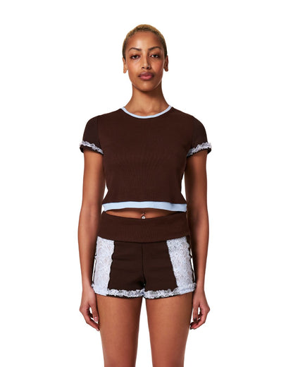 Shorts with Waistband in Brown with Blue Lace
