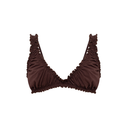 Brown ruched bralette with V-neck ruffle trim and gathered bust panels