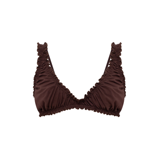 Brown ruched bralette with V-neck ruffle trim and gathered bust panels