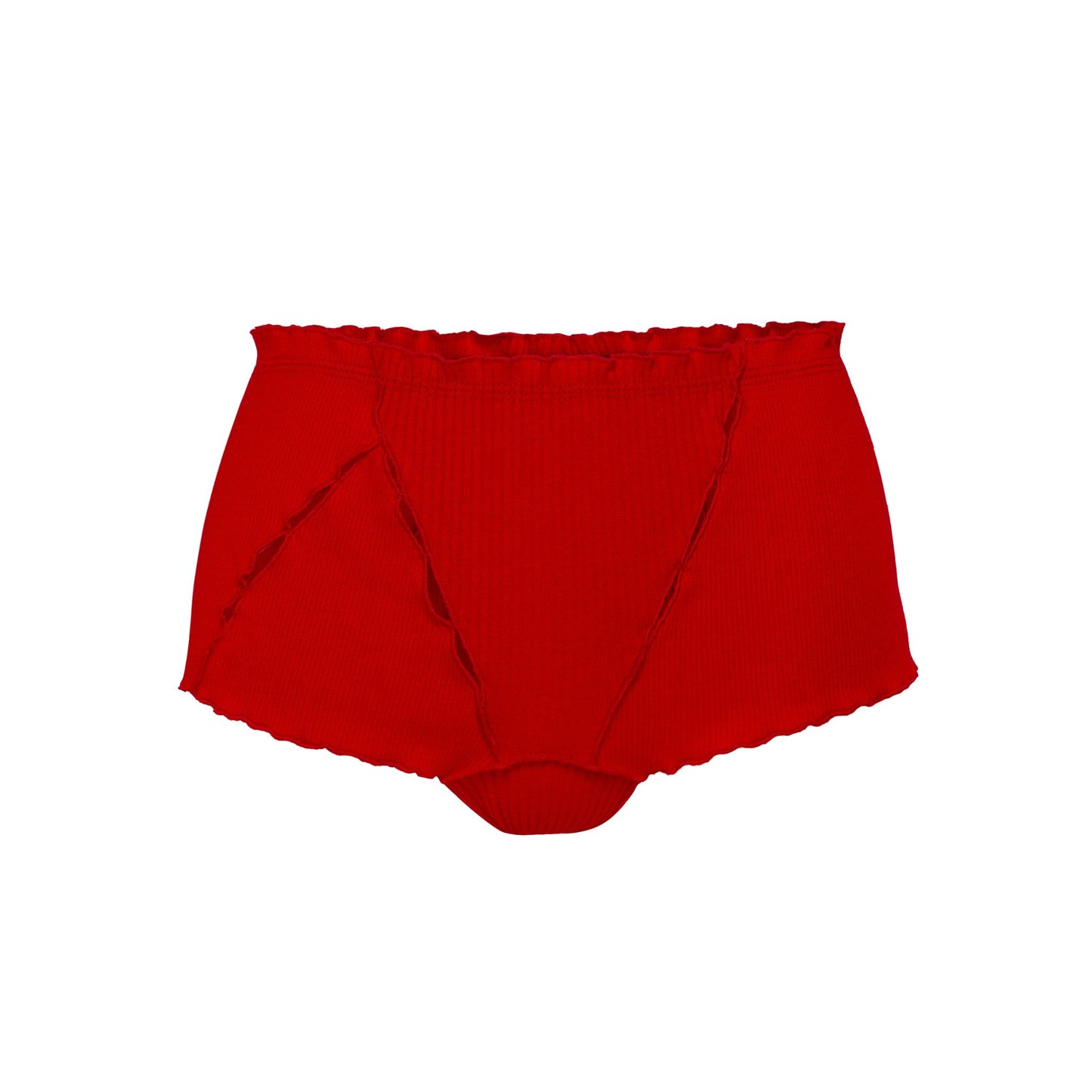Red ribbed boyshorts with high-rise waistband and stitched front seams