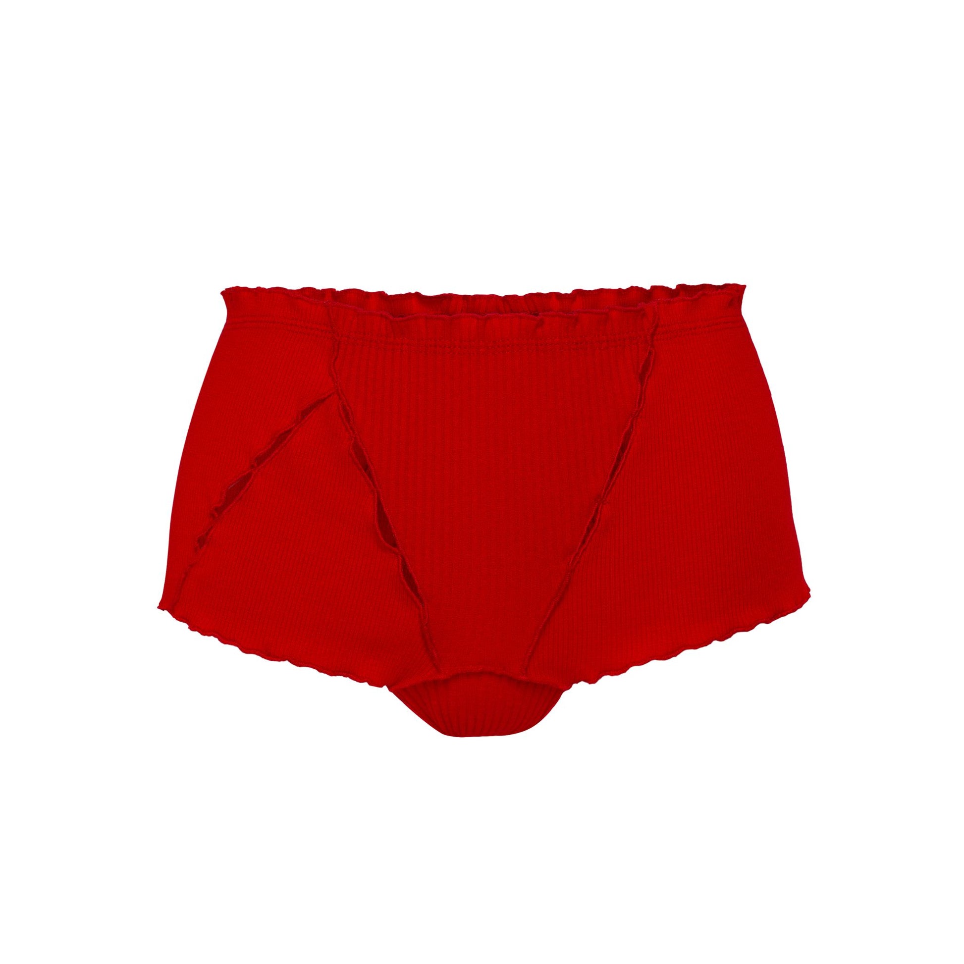 Red ribbed boyshorts with high-rise waistband and stitched front seams