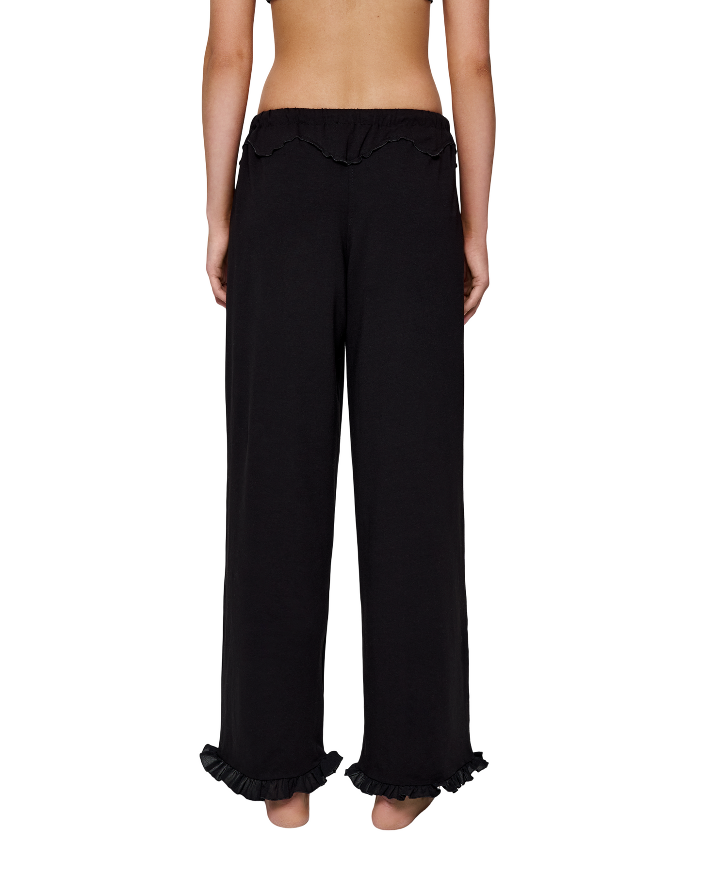 Black wide-leg pants with drawstring waist and ruffled cuffs, plain back view