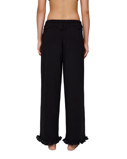 Black wide-leg pants with drawstring waist and ruffled cuffs, plain back view