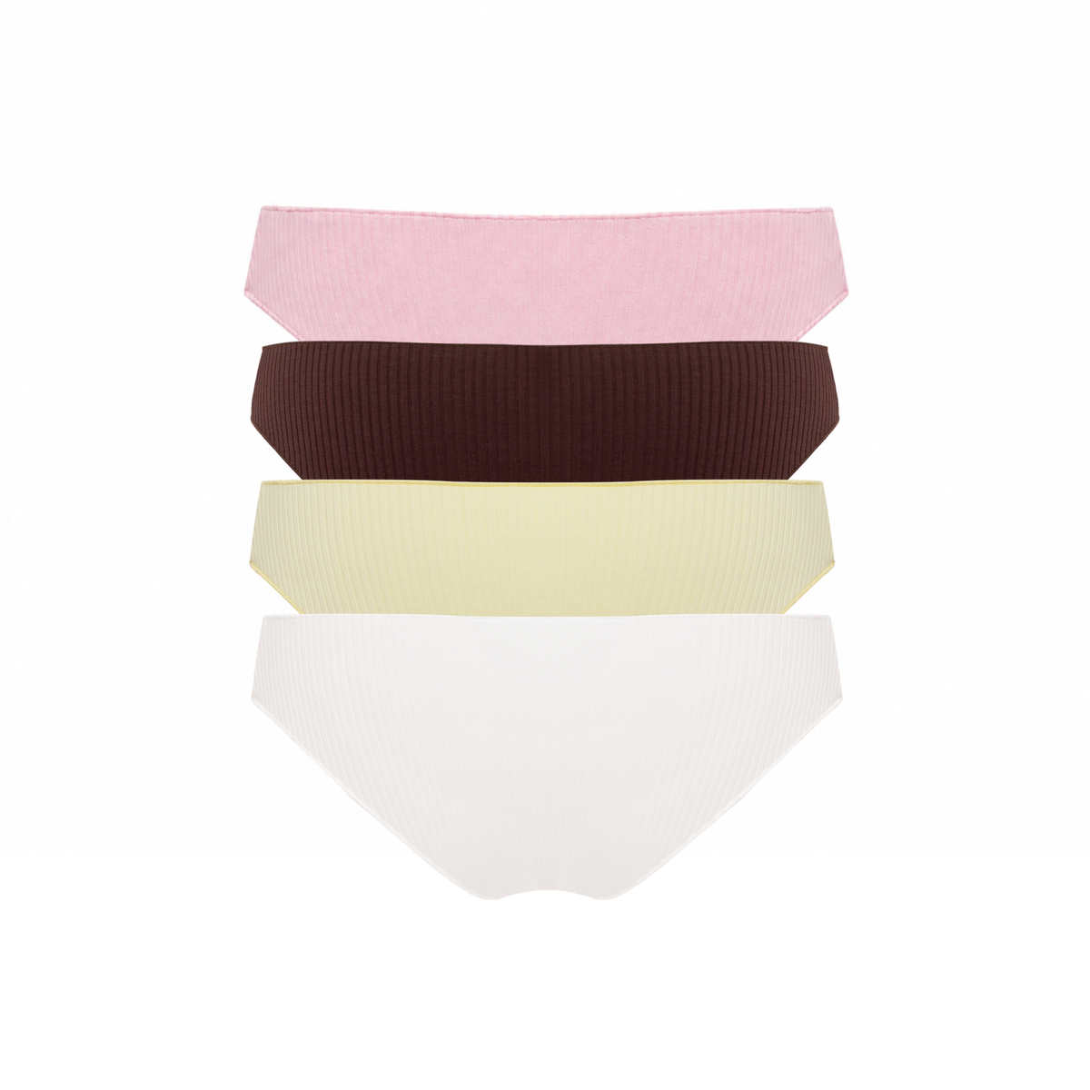 Flat view of seamless tanga set of 4 in pink, dark brown, pale yellow, white
